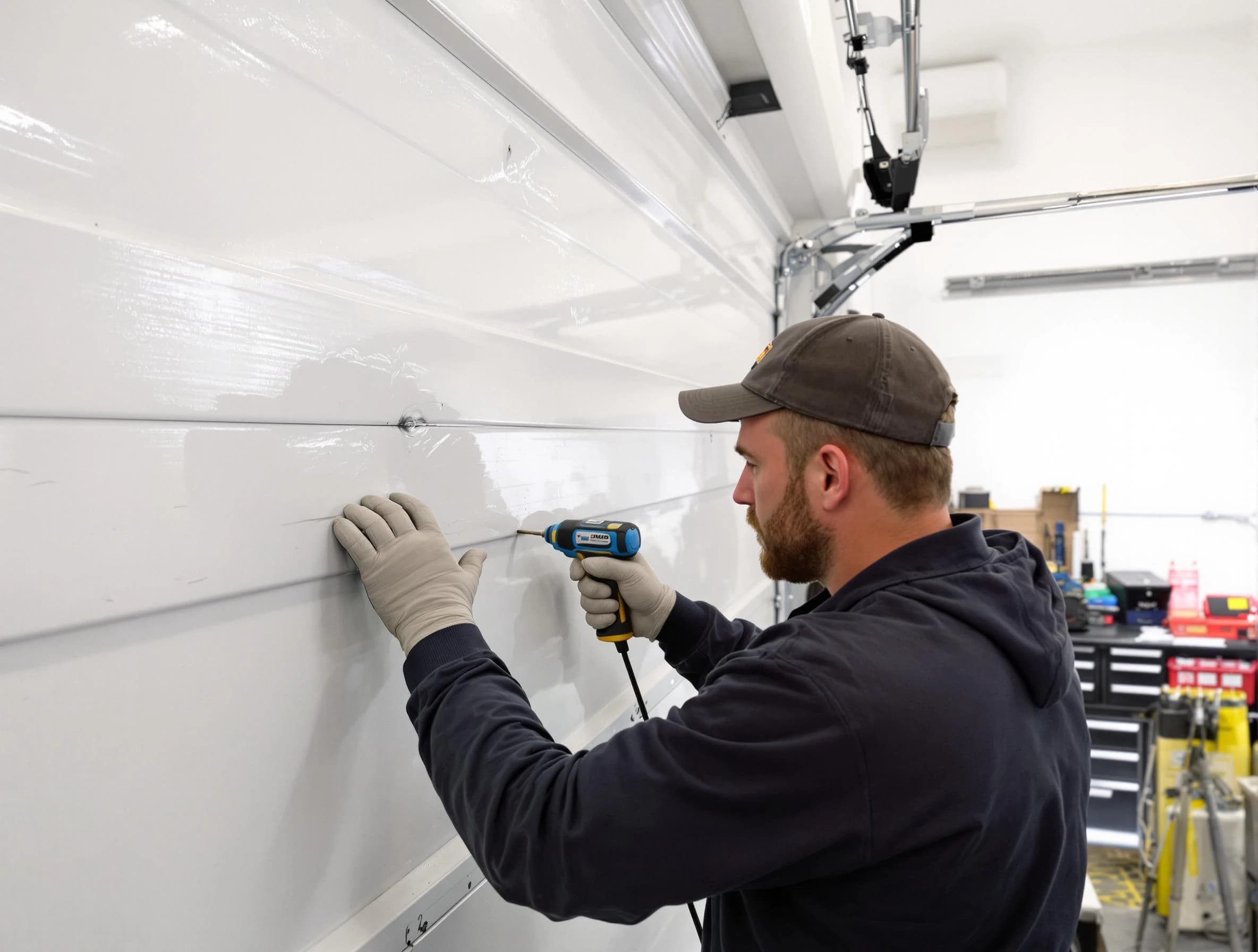 Lakeside Garage Door Repair technician demonstrating precision dent removal techniques on a Lakeside garage door