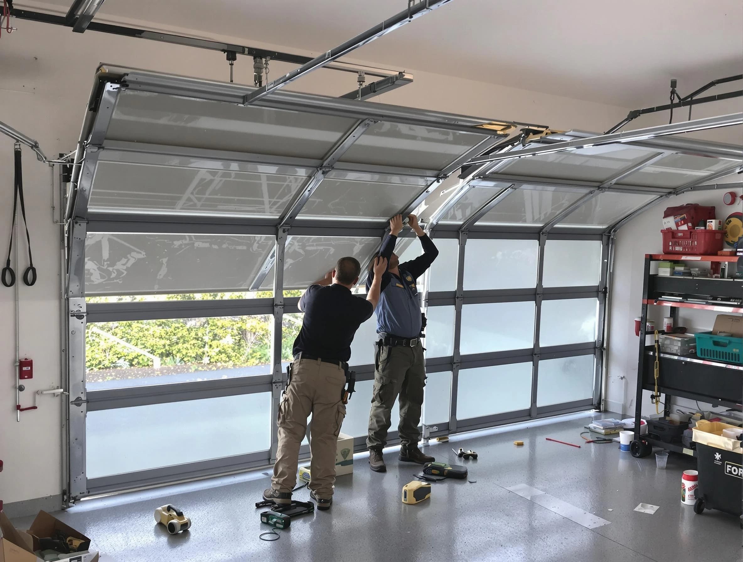 Lakeside Garage Door Repair expert performing precise panel replacement on Lakeside garage door