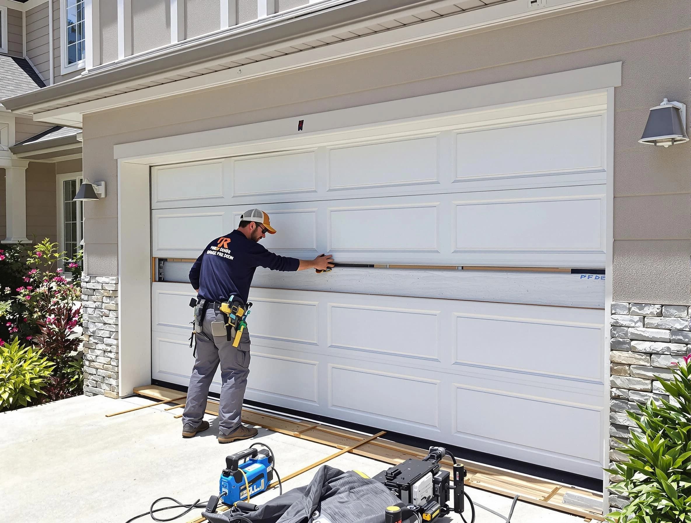 Lakeside Garage Door Repair team performing complete garage door replacement at Lakeside residence