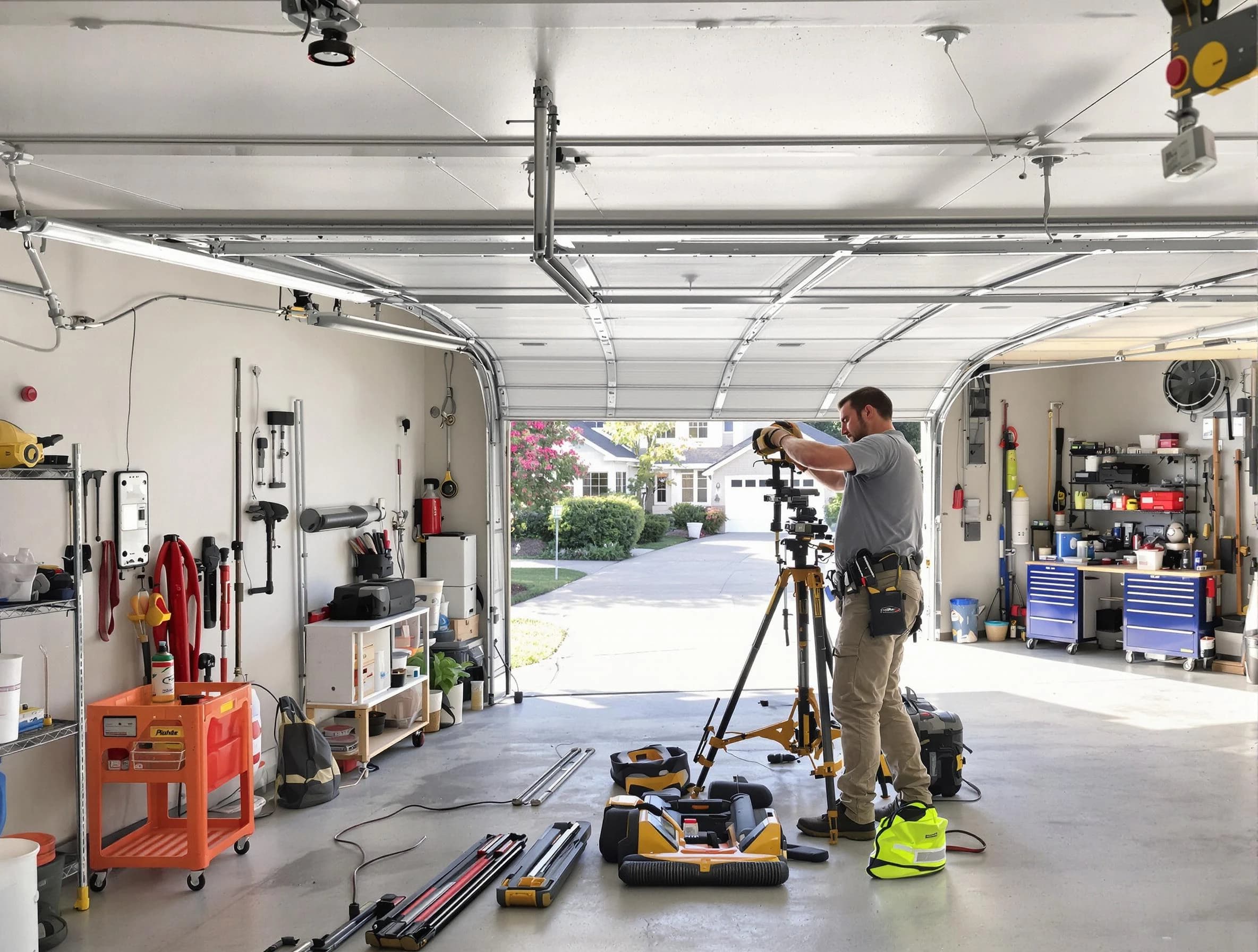 Lakeside Garage Door Repair specialist performing laser-guided track alignment in Lakeside
